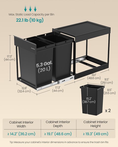 SONGMICS Vestavný odpadkový koš do skříňky 2 x 20 l ocelový rám černá