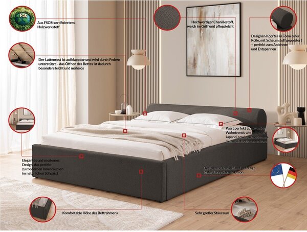 Tmavě šedá čalouněná dvoulůžková postel s úložným prostorem s roštem 140x200 cm Cille – Ropez