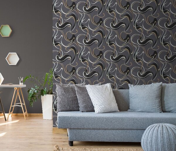 Vliesové tapety na zeď IMPOL Spotlight 3 10105-15, rozměr 10,05 m x 0,53 m, moderní vlnovky černo-zlaté na šedém podkladu, ERISMANN
