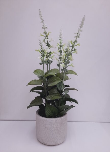 Umělá květina Gasper šalvěj v cementovém květináči, 45cm, bílá