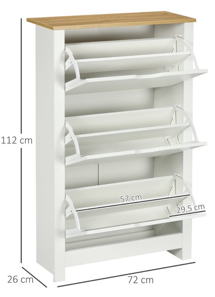 HOMCOM Botník se 3 Klapkami, Botník, Úzký Botník s Nastavitelným Dělením, Botník pro 18 Párů Bot 72 x 26 x 112 cm, Bílo+přírodní | Aosom