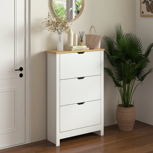 HOMCOM Botník se 3 Klapkami, Botník, Úzký Botník s Nastavitelným Dělením, Botník pro 18 Párů Bot 72 x 26 x 112 cm, Bílo+přírodní | Aosom