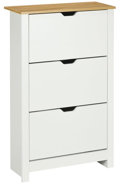 HOMCOM Botník se 3 Klapkami, Botník, Úzký Botník s Nastavitelným Dělením, Botník pro 18 Párů Bot 72 x 26 x 112 cm, Bílo+přírodní | Aosom