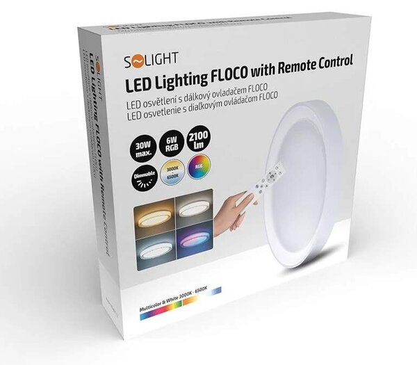 Solight WO8015 FLOCO - LED RGB stropní svítidlo stmívatelné dálkovým ovladačem, Ø 39,5cm, 36W, 3000-6500K + RGB (Stropní bílé svítidlo s dálkovým ovladačem)