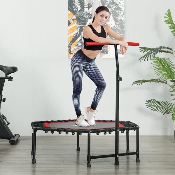 SPORTNOW Fitness Trampolína 114x114x132 cm, Elastická Postel, Fitness s Nastavitelným 3úrovňovým Řídítkem, Ocelový Rám pro Cvičení nohou a Těla Doma