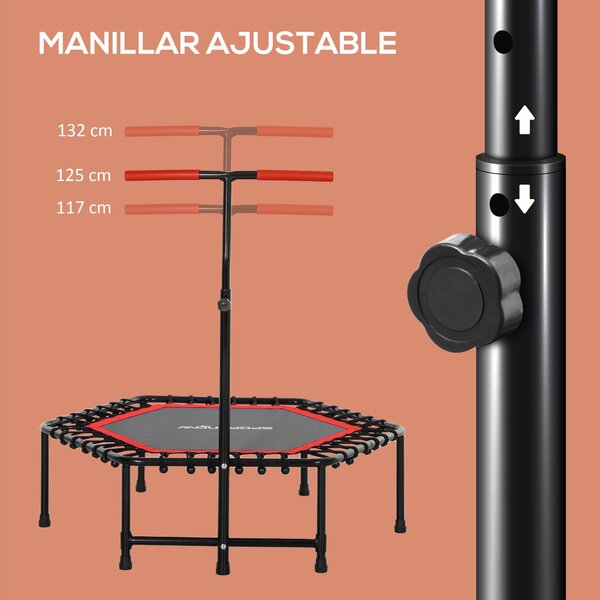 SPORTNOW Fitness Trampolína 114x114x132 cm, Elastická Postel, Fitness s Nastavitelným 3úrovňovým Řídítkem, Ocelový Rám pro Cvičení nohou a Těla Doma