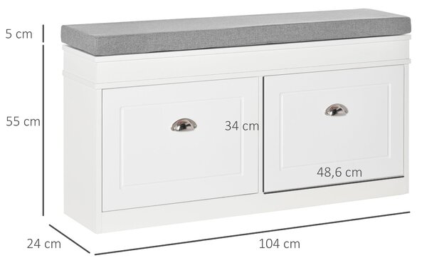 HOMCOM Botníková lavička pro 8 párů bot s 2 šuplíky, nastavitelnými policemi a polstrovaným sedákem do předsíně 104x24x55 cm Bílá | Aosom