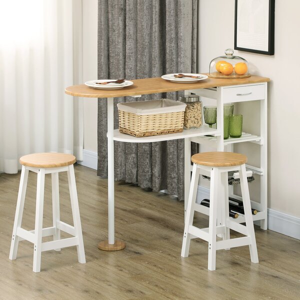 HOMCOM Set barového stolu s 1 zásuvkou, 2 policemi, odnímatelným košíkem a regálem na víno, výška stolu 119x38.5x88.5 cm a 2 stoličky 29x29x55 cm pro
