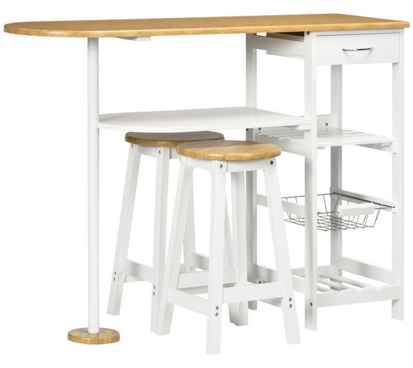 HOMCOM Set barového stolu s 1 zásuvkou, 2 policemi, odnímatelným košíkem a regálem na víno, výška stolu 119x38.5x88.5 cm a 2 stoličky 29x29x55 cm pro
