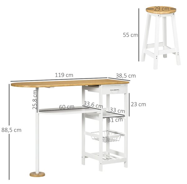 HOMCOM Set barového stolu s 1 zásuvkou, 2 policemi, odnímatelným košíkem a regálem na víno, výška stolu 119x38.5x88.5 cm a 2 stoličky 29x29x55 cm pro