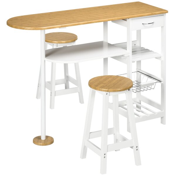 HOMCOM Set barového stolu s 1 zásuvkou, 2 policemi, odnímatelným košíkem a regálem na víno, výška stolu 119x38.5x88.5 cm a 2 stoličky 29x29x55 cm pro