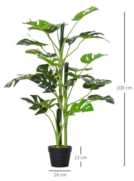 Umělá rostlina Outsunny 100 cm Umělý Monstera s 21 listy a květináčem do domácnosti nebo kanceláře Zelená | Aosom