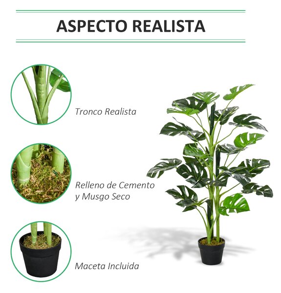 Umělá rostlina Outsunny 100 cm Umělý Monstera s 21 listy a květináčem do domácnosti nebo kanceláře Zelená | Aosom