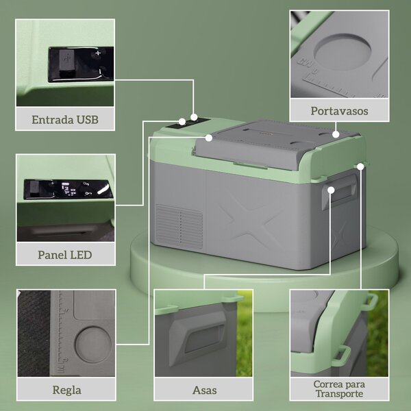 Outsunny Přenosný Elektrický Chladicí Box 17,4L Auto Lednička 12V-220V Mini Chladnička s Kompresorem LED Světlem Digitálním Displejem ECO a MAX Režimy