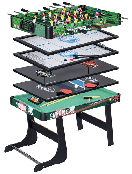 HOMCOM 6 v 1 Skládací Multiherní Stůl pro Děti od 7 Let – Stolní Hry: Kulečník, Stolní Fotbal, Ping Pong, Hoops, Air Hockey, Lední Hokej 118x104x71 cm