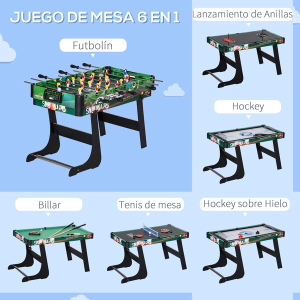 HOMCOM 6 v 1 Skládací Multiherní Stůl pro Děti od 7 Let – Stolní Hry: Kulečník, Stolní Fotbal, Ping Pong, Hoops, Air Hockey, Lední Hokej 118x104x71 cm