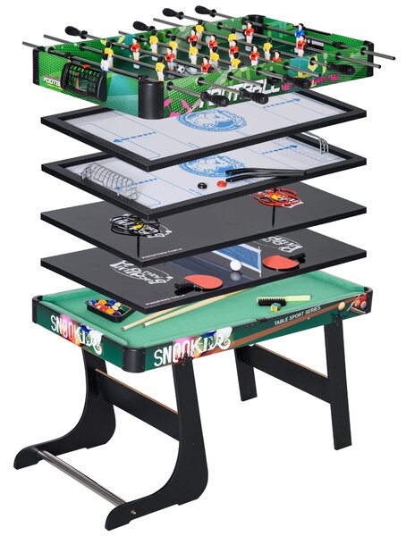 HOMCOM 6 v 1 Skládací Multiherní Stůl pro Děti od 7 Let – Stolní Hry: Kulečník, Stolní Fotbal, Ping Pong, Hoops, Air Hockey, Lední Hokej 118x104x71 cm
