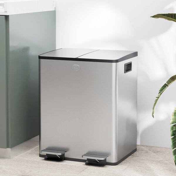HOMCOM Kuchyňský Odpadkový Koš se 2 Přihrádkami 2x20L Nerezový Koš s Pedálem a Tichým Uzavíráním Víka a Vyjímatelnou Nádobou na Recyklaci Zbytků Jídla