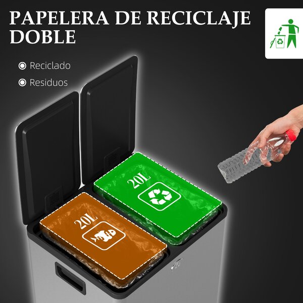 HOMCOM Kuchyňský Odpadkový Koš se 2 Přihrádkami 2x20L Nerezový Koš s Pedálem a Tichým Uzavíráním Víka a Vyjímatelnou Nádobou na Recyklaci Zbytků Jídla