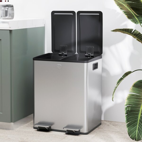 HOMCOM Kuchyňský Odpadkový Koš se 2 Přihrádkami 2x20L Nerezový Koš s Pedálem a Tichým Uzavíráním Víka a Vyjímatelnou Nádobou na Recyklaci Zbytků Jídla