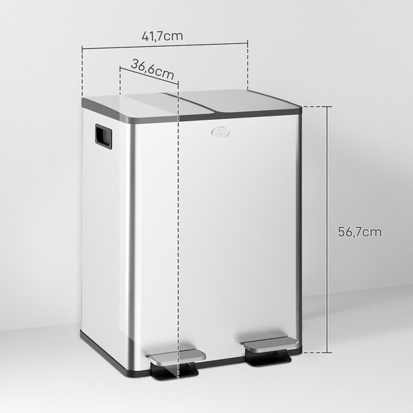 HOMCOM Kuchyňský Odpadkový Koš se 2 Přihrádkami 2x20L Nerezový Koš s Pedálem a Tichým Uzavíráním Víka a Vyjímatelnou Nádobou na Recyklaci Zbytků Jídla