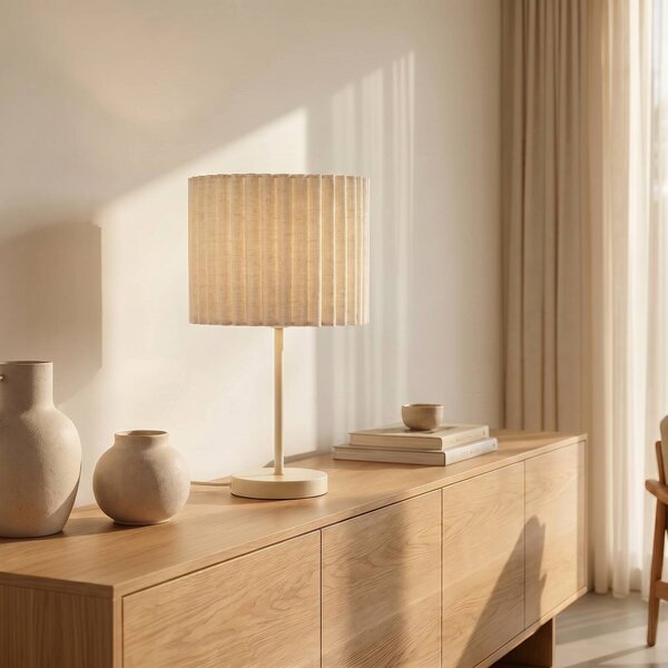 Lindby Stolní lampa Libbie, výška 45 cm, plátno, krémová, E27, Krémová / jantar, Obývací pokoj / jídelna, Textil / tkanina / hedvábí