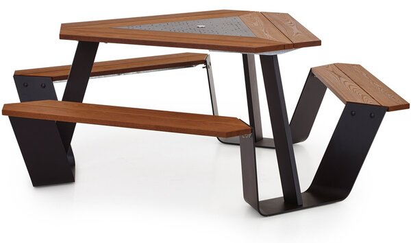 Extremis Jídelní stůl s integrovanou lavicí Anker, Extremis, 217x74 cm, rám i středová deska lakovaná ocel barva hnědá earth, deska a sedací část tepelně upravené dřevo hellwood