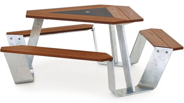 Extremis Jídelní stůl s integrovanou lavicí Anker, Extremis, 217x74 cm, rám galvanizovaná ocel, středová deska lakovaná ocel barva zelená verdigris, deska a sedací část tepelně upravené dřevo hellwood