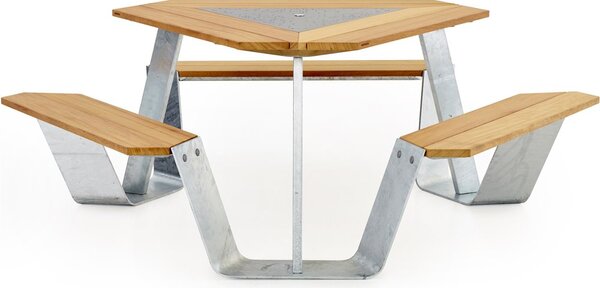Extremis Jídelní stůl s integrovanou lavicí Anker, Extremis, 217x74 cm, rám galvanizovaná ocel, středová deska lakovaná ocel barva zelená verdigris, deska a sedací část iroko