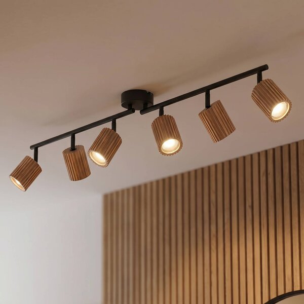 Lindby Stropní bodové světlo Stralino, 6 žárovek, délka 102 cm, dřevo, stmívatelný, Světlé dřevo, Chodba, Dřevo, Moderní