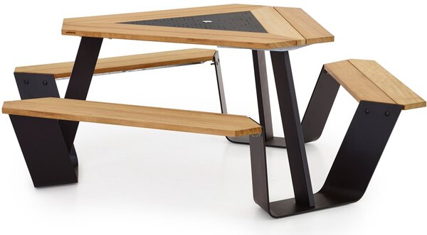 Extremis Jídelní stůl s integrovanou lavicí Anker, Extremis, 217x74 cm, rám i středová deska lakovaná ocel barva bílá (RAL 9016), deska a sedací část iroko