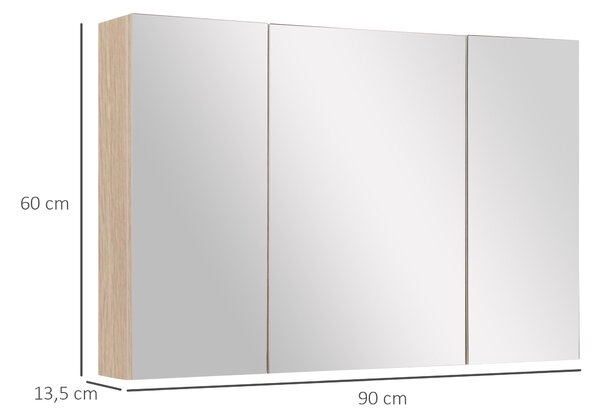 Koupelnová skříňka s zrcadlem kleankin - moderní skříňka se zrcadlem a 3 dveřmi s nastavitelnými policemi pro koupelnu a ložnici, 90x60x13.5 cm, dub |
