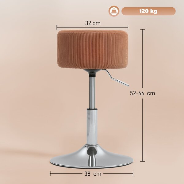 HOMCOM Barová židle Vysoká Kuchyňská Židle Nastavitelná Výška 52-66 cm Potahována Velvety 360° Otáčivá pro Jídelní Pult Toaletní Stolek Hnědá | Aosom