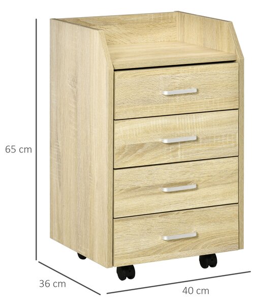 Vinsetto kancelářská jednotka se zásuvkami s 4 zásuvkami, horní úložná police, 4 kolečka a 2 brzdy pro kancelář, 40x36x65 cm, přírodní dřevo | Aosom