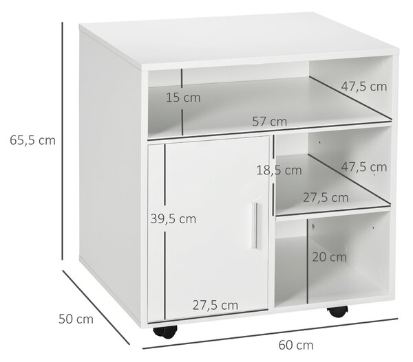 HOMCOM tiskový stůl s kolečky - multifunkční kancelářský skříň s policemi a dostatkem úložného prostoru 60x50x65,5 cm Bílá | Aosom