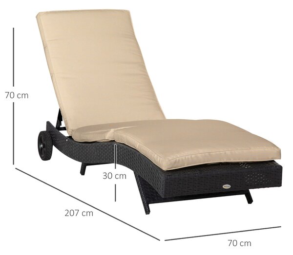Zahradní skládací lehátko Outsunny ve tvaru S s 2 koly, nastavitelným opěradlem v 5 polohách a odnímatelným polštářem pro terasu 207x70x70 cm černé a