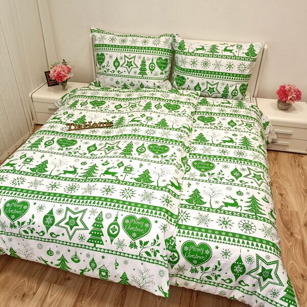 Povlečení bavlněné Vánoční povlečení Christmas zelené TiaHome - 1x Polštář 90x70cm, 1x Přikrývka 140x200cm