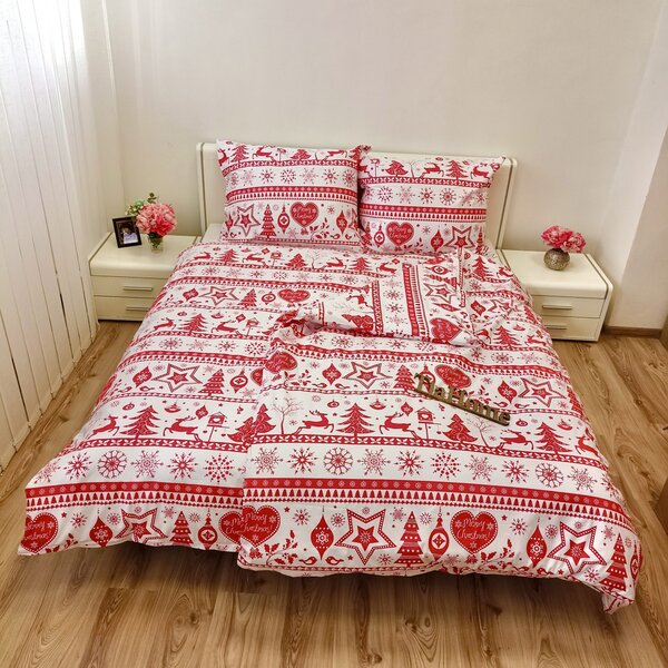 Povlečení bavlněné Vánoční povlečení Santa červený TiaHome - 1x Polštář 90x70cm, 1x Přikrývka 140x200cm
