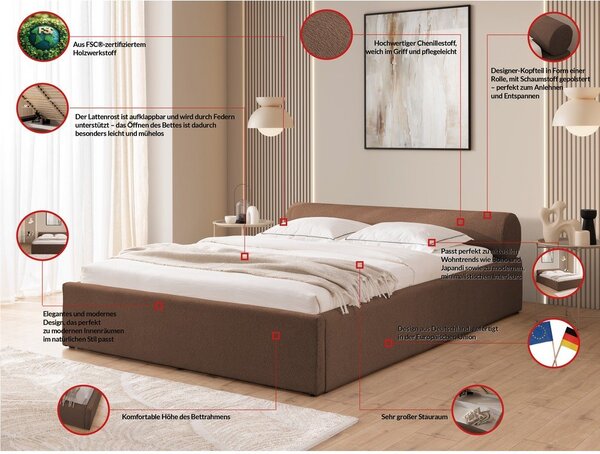 Hnědá čalouněná dvoulůžková postel s úložným prostorem s roštem 160x200 cm Cille – Ropez