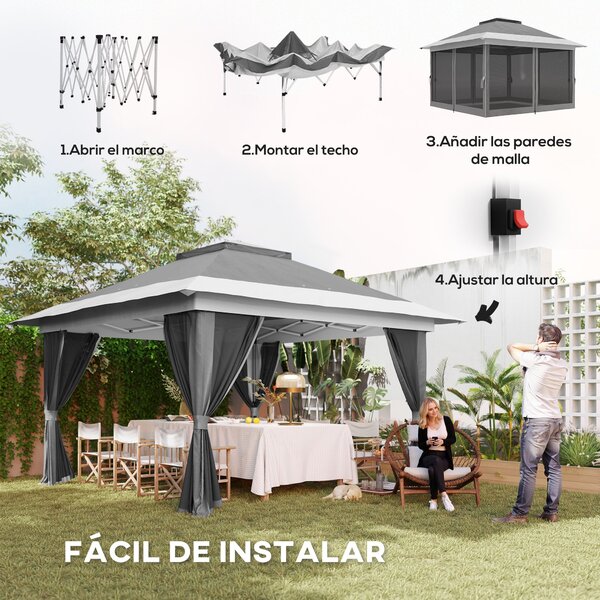 Skládací altán Outsunny 3,6x3,6 m s rychlou montáží, 4 bočními stěnami proti UV záření, nastavitelnou výškou, kotvícími pytli a přenosnou taškou na ke