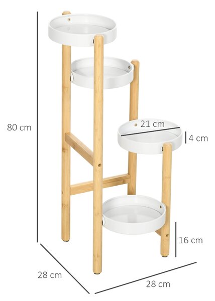 Outsunny bambusový stojan na květiny s 4 kulatými policemi, nosnost 20 kg pro vnitřní a venkovní použití Ø28x80 cm Přírodní a bílá | Aosom