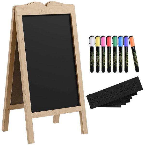 Vinsetto Bílá tabule na stojanu se dřevěným rámem, oboustranná magnetická skládací tabule s 8 tekutými křídami a 6 oboustrannými tabulemi 51x42x101 cm