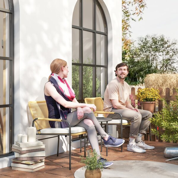 Outsunny 3dílná zahradní sestava s 2 křesly, odnímatelnými pratelními polštáři a stolem s odolným kovovým povrchem pro balkon a terasu v přírodní a kr
