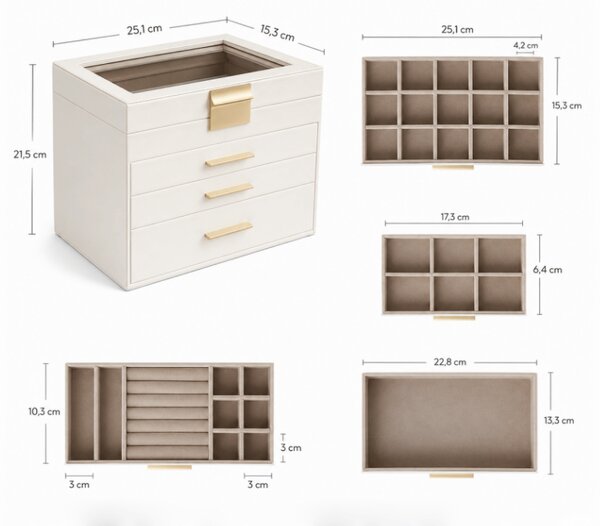 Šperkovnice ELEGANT CASE 25,1x21,5x15,3 cm z eko kůže, béžová