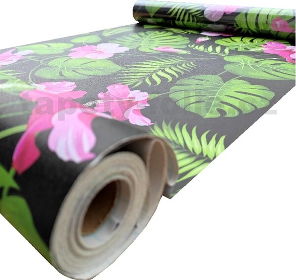 Samolepící fólie listy monstera na černém podkladu 45 cm x 10 m IMPOL TRADE T37 samolepící tapety