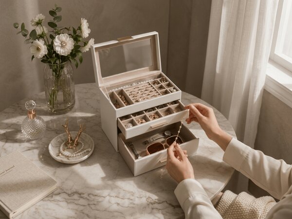 Šperkovnice ELEGANT CASE 25,1x21,5x15,3 cm z eko kůže, béžová