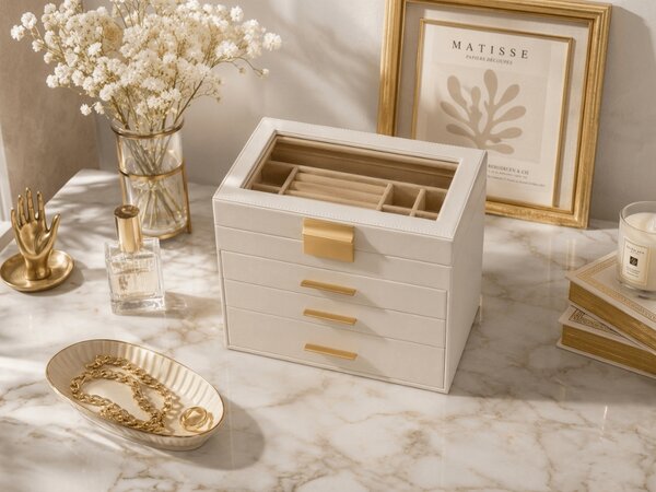 Šperkovnice ELEGANT CASE 25,1x21,5x15,3 cm z eko kůže, béžová
