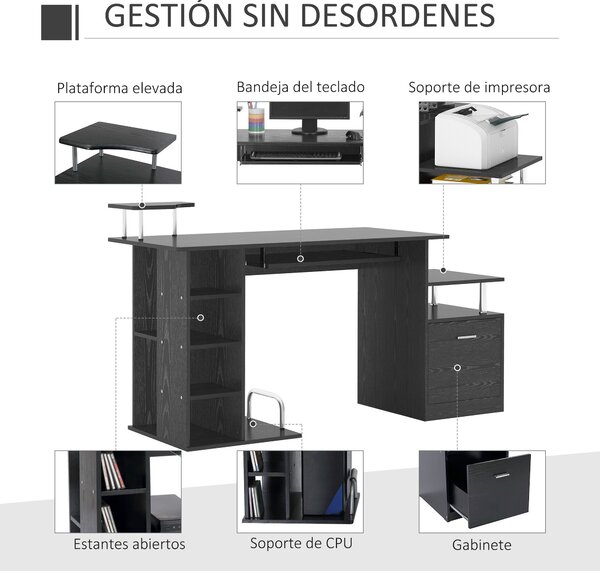 HOMCOM Psací stůl s 6 policemi, zásuvkou, zásuvkou na klávesnici a stojanem na monitor a tiskárnu pro kancelář a studium - 152x60x88 cm, černý | Aosom