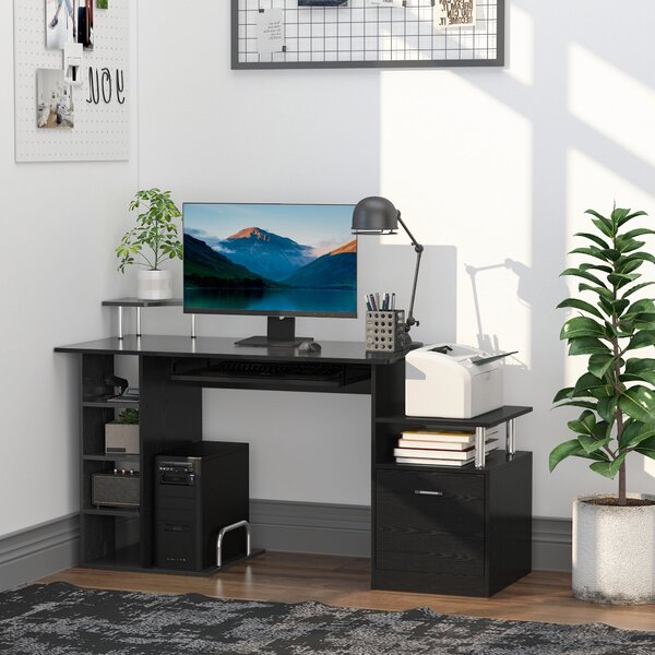 HOMCOM Psací stůl s 6 policemi, zásuvkou, zásuvkou na klávesnici a stojanem na monitor a tiskárnu pro kancelář a studium - 152x60x88 cm, černý | Aosom