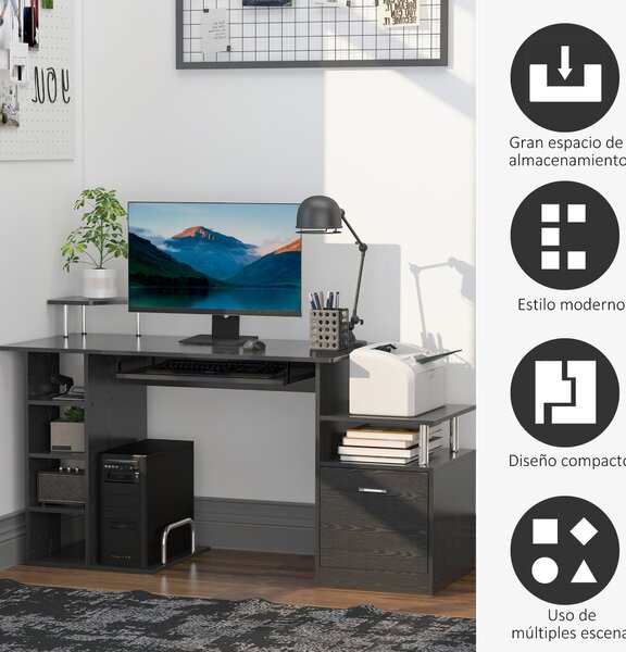 HOMCOM Psací stůl s 6 policemi, zásuvkou, zásuvkou na klávesnici a stojanem na monitor a tiskárnu pro kancelář a studium - 152x60x88 cm, černý | Aosom